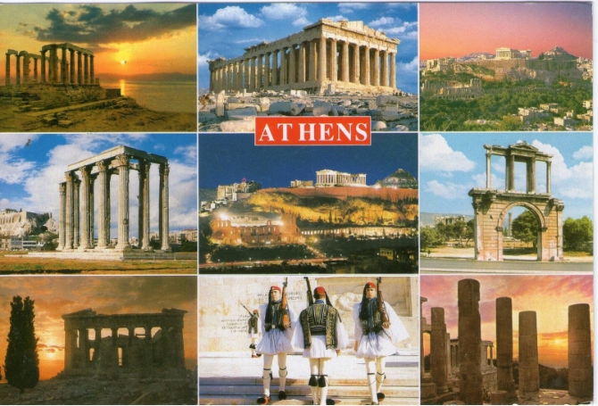 Athens Postcard with Cape Sounio, Acropolis, Hadrian’s Arch, Zeus Temple and the Evzones