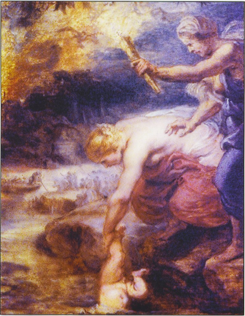 Goddess Thetis dipping her son Achilles into the River Styx, which runs through Hades. In the background, the ferryman Charon can be seen taking the dead across the river in his boat. The scene was painted by Peter Paul Reubens around 1625